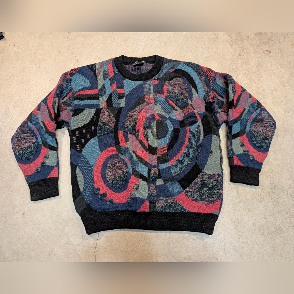 Far Horizons Coogi Style Sweater Wool Abstract Black Red Blue Mens M